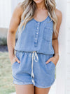 Explore More Collection - Pocketed Half Button Sleeveless Denim Romper