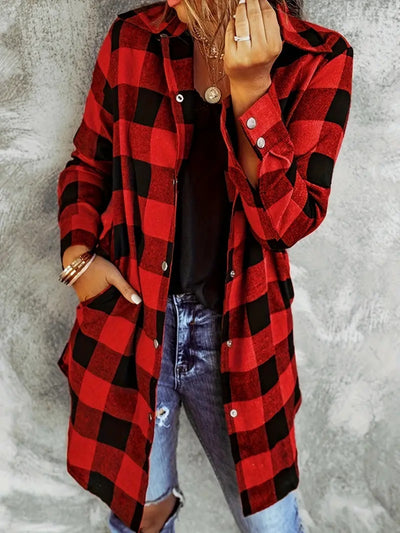 Explore More Collection - Plaid Collared Neck Snap Down Long Sleeve Jacket