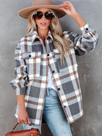 Explore More Collection - Plaid Collared Neck Long Sleeve Jacket