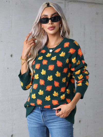 Explore More Collection - Angel Wings Maple Leaf Round Neck Long Sleeve Sweater