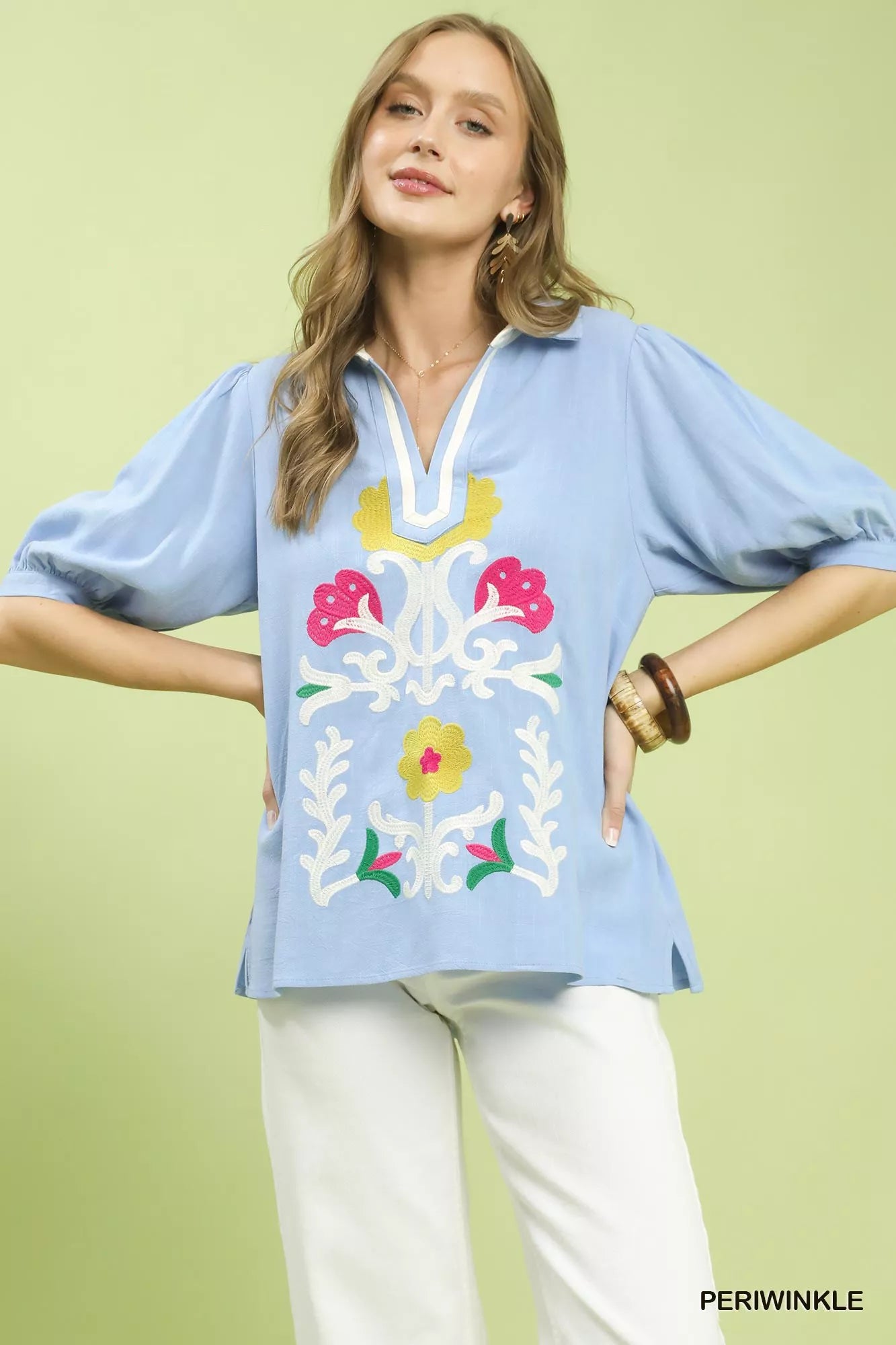 Umgee Mixed Media V-Neck Print Blouse