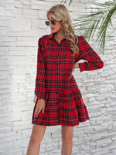 Explore More Collection - Ruffle Hem Plaid Button Down Long Sleeve Dress