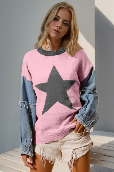 Explore More Collection - Double Take Full Size Star Pattern Raw Edge Long Sleeve Sweater