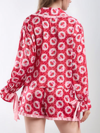 Explore More Collection - Valentine’s Day Frill Strawberry Print Flounce Sleeve Top and Shorts Lounge Set