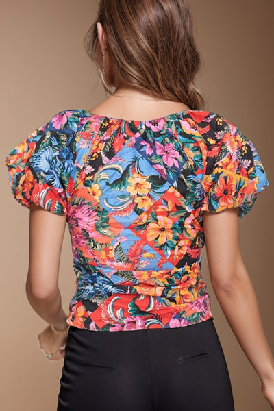 Explore More Collection - Ruched Printed V-Neck Short Sleeve Blouse