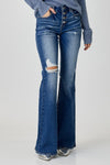 Explore More Collection - RISEN Distressed Button-Fly Flare Jeans