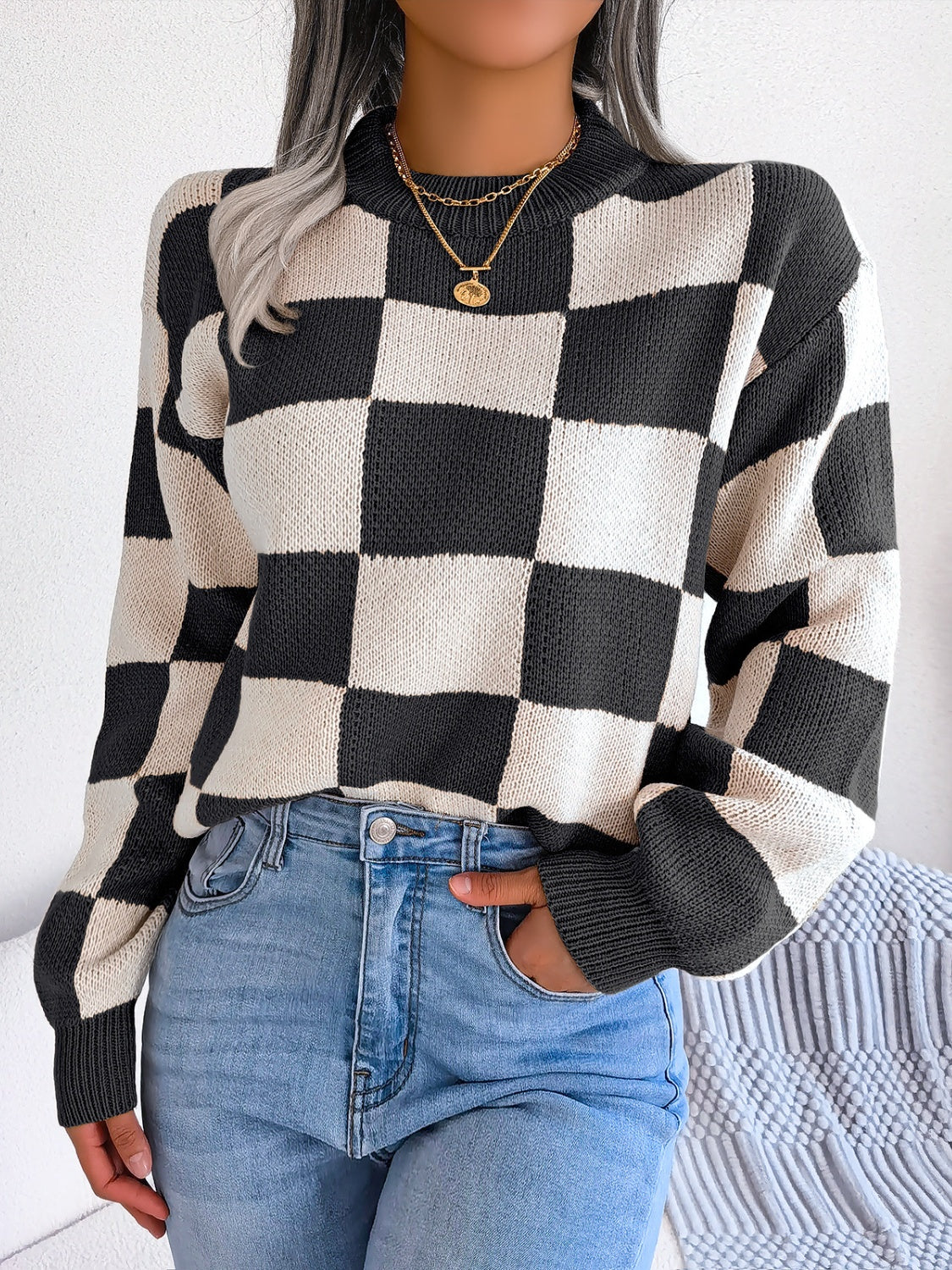 Explore More Collection - Checkered Mock Neck Long Sleeve Sweater