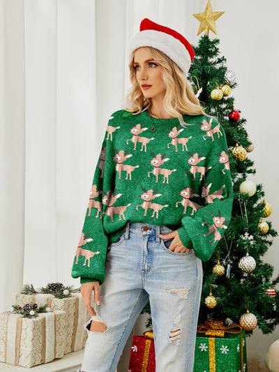 Explore More Collection - Reindeer Round Neck Long Sleeve Sweater