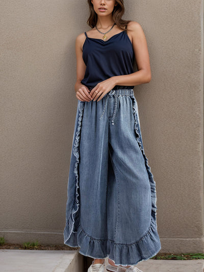 Explore More Collection - Drawstring Ruffled Wide Leg Jeans