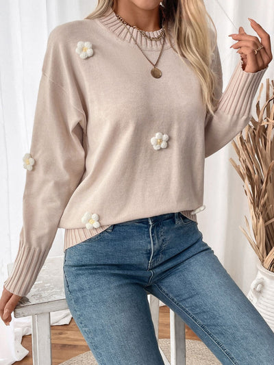 Explore More Collection - Perfee Flower Round Neck Long Sleeve Sweater