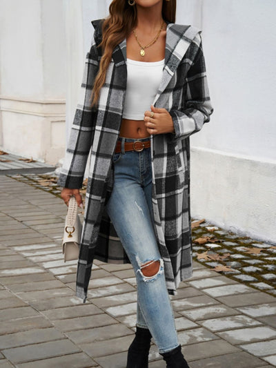 Explore More Collection - Plaid Long Sleeve Hooded Coat