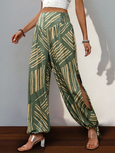 Explore More Collection - Smocked Slit Printed High Waist Pants