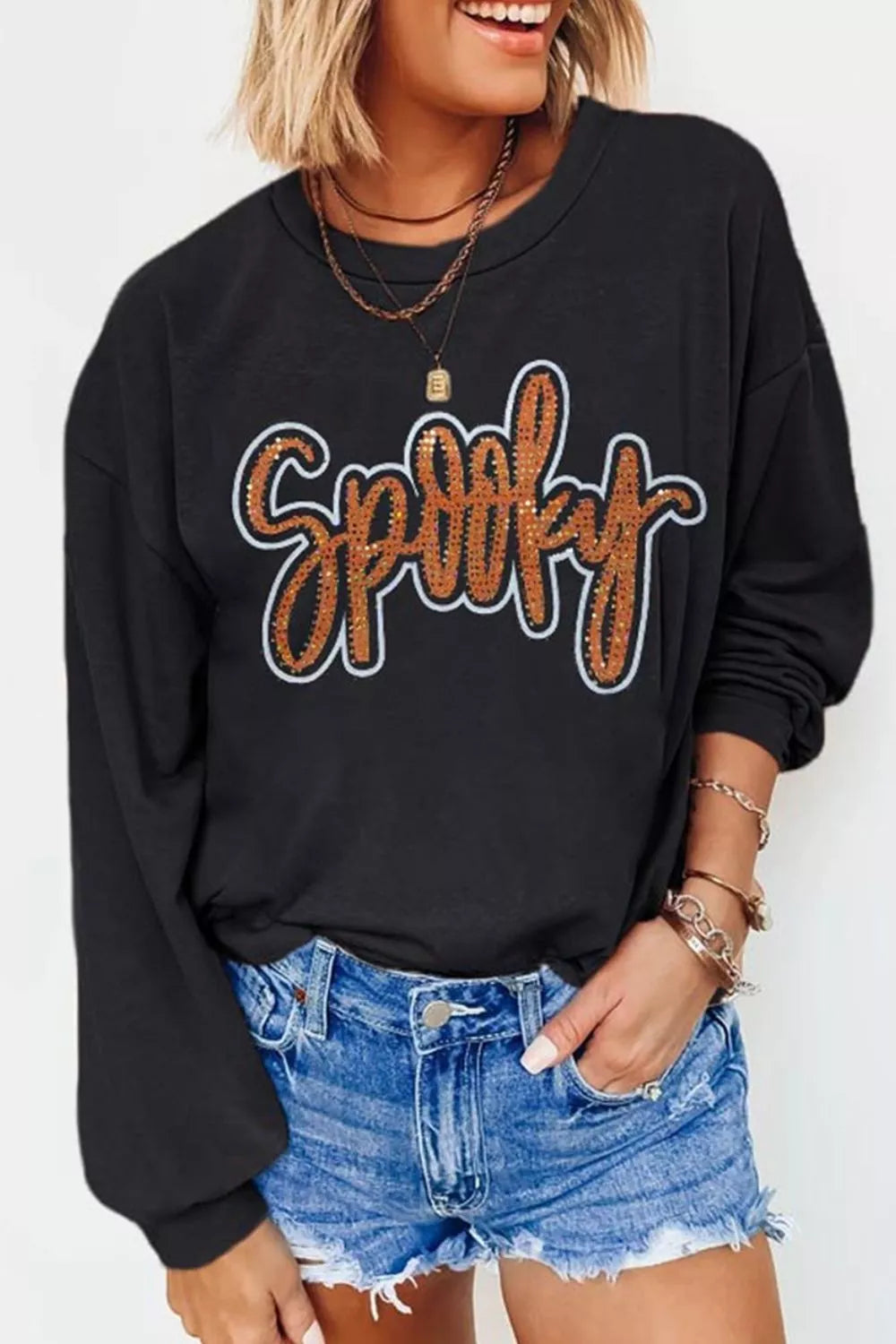 Spooky Rhinestone Drop Shoulder Sweatshirt