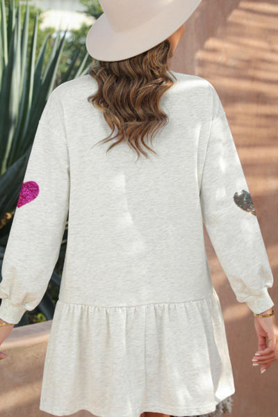 Explore More Collection - Sequin Heart Round Neck Long Sleeve Mini Dress