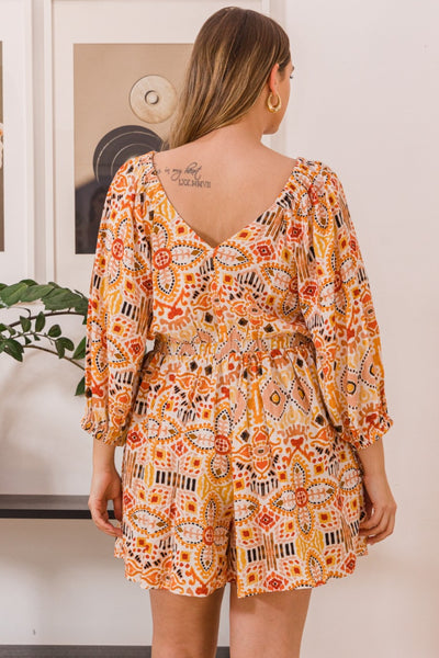 Explore More Collection - ODDI Full Size Printed Ruff Sleeve Romper with Pockets