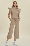 Explore More Collection - Double Take Full Size Texture Ruffle Short Sleeve Top and Wide Leg Pants Set