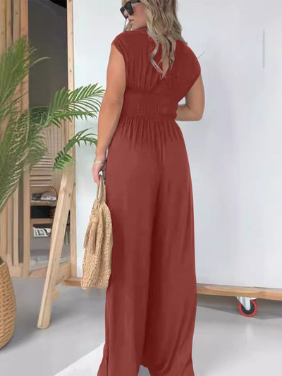 Explore More Collection - Smocked Cap Sleeve Wide Leg Jumpsuit