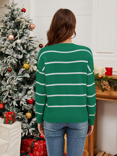 Explore More Collection - Sequin Santa Striped Round Neck Long Sleeve Sweater