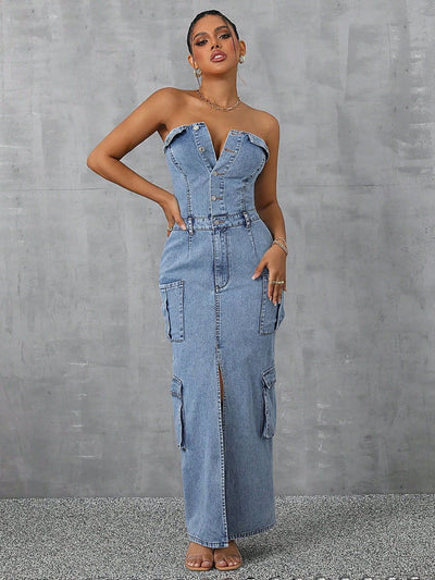 Explore More Collection - Slit Half Button Tube Denim Dress