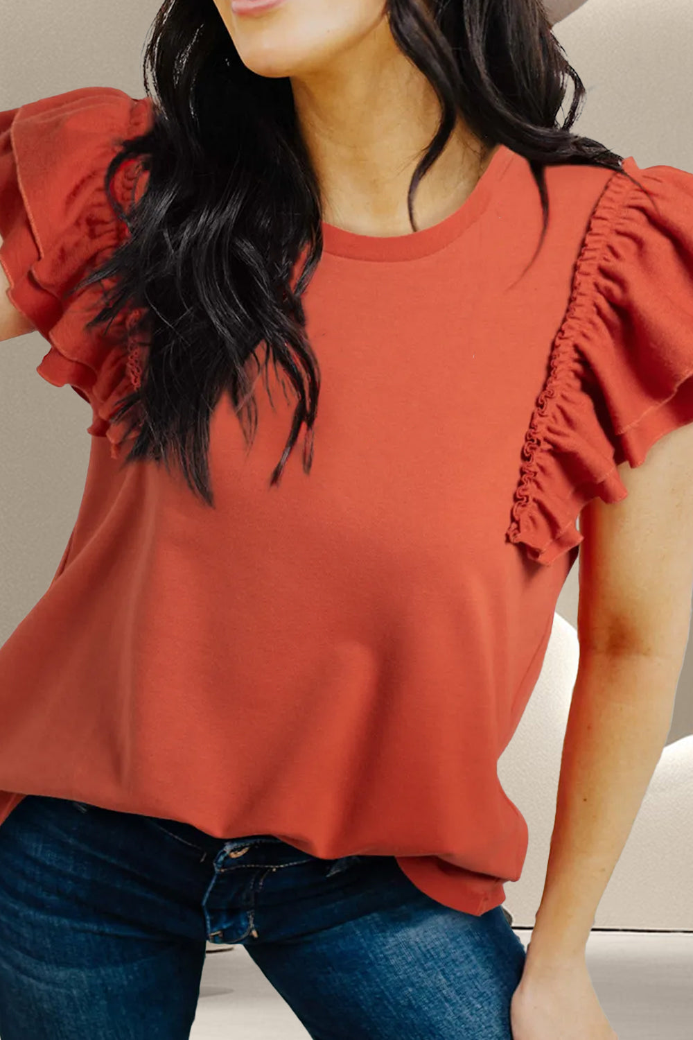 Explore More Collection - Ruffled Round Neck Cap Sleeve Blouse