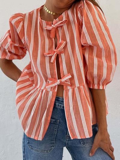 Explore More Collection - Tied Round Neck Balloon Sleeve Shirt