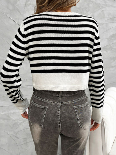 Explore More Collection - Devine Striped Round Neck Button Down Cardigan