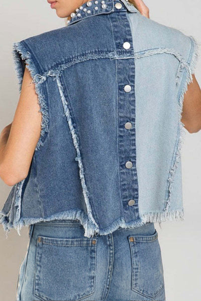 Explore More Collection - Pearl Raw Hem Sleeveless Denim Jacket