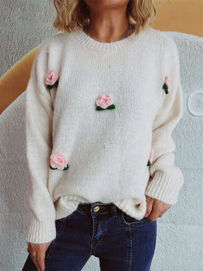 Explore More Collection - Flower Round Neck Long Sleeve Sweater