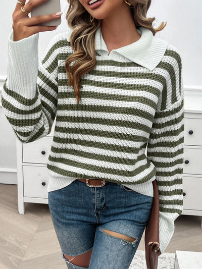 Explore More Collection - Striped Collared Neck Long Sleeve Sweater