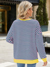 Explore More Collection - Slit Striped Round Neck Long Sleeve Sweatshirt