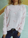 Explore More Collection - Bow Trim Round Neck Long Sleeve Sweater