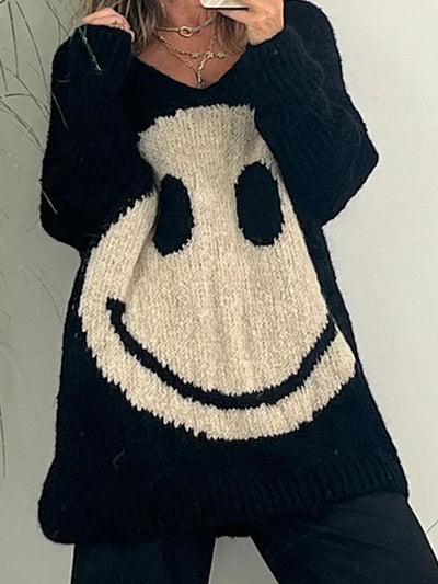 Explore More Collection - Smiling Face V-Neck Long Sleeve Sweater