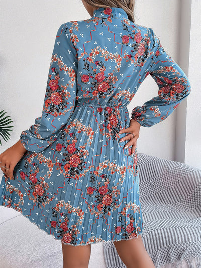 Explore More Collection - Pleated Printed Tie Neck Long Sleeve Dress