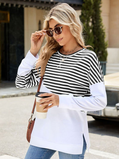 Explore More Collection - Slit Contrast Striped Long Sleeve Sweatshirt