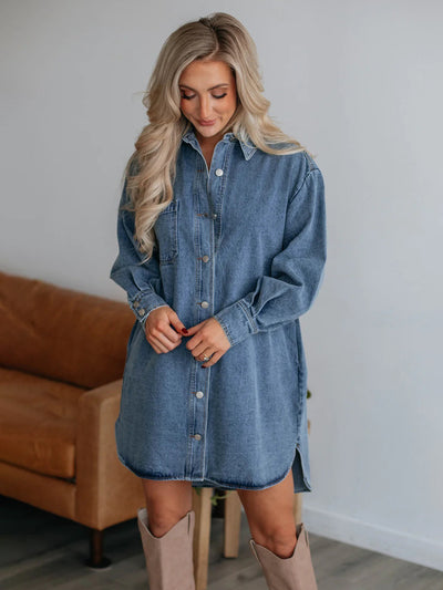 Explore More Collection - Button Up Collared Neck Long Sleeve Denim Dress