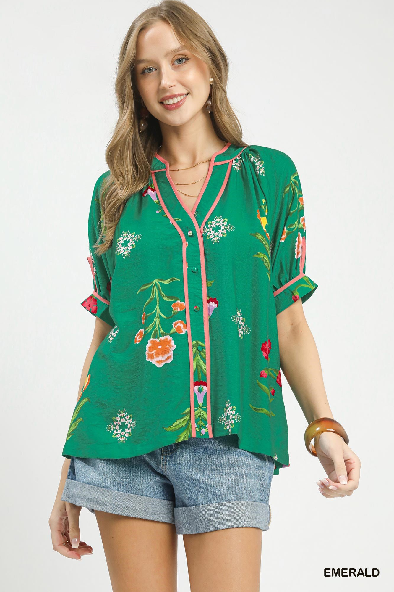 Umgee Botanical Print Contrast Trim Button Blouse