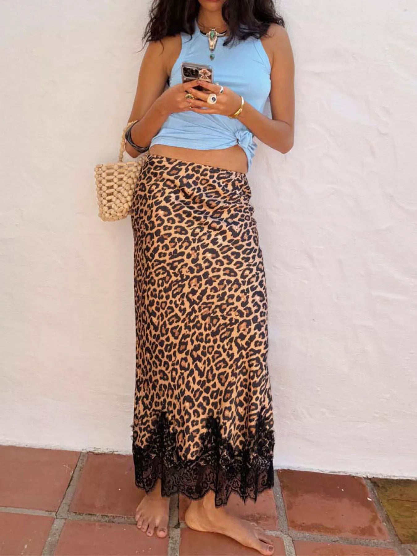 Lace Trim Leopard Maxi Skirt