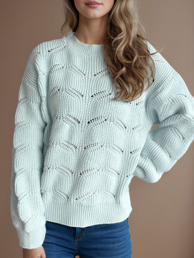 Explore More Collection - Openwork Round Neck Dropped Shoulder Sweater