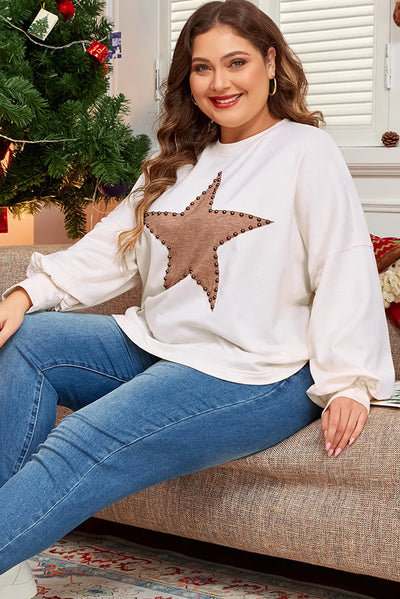 Explore More Collection - Plus Size Studded Star Round Neck Long Sleeve Blouse