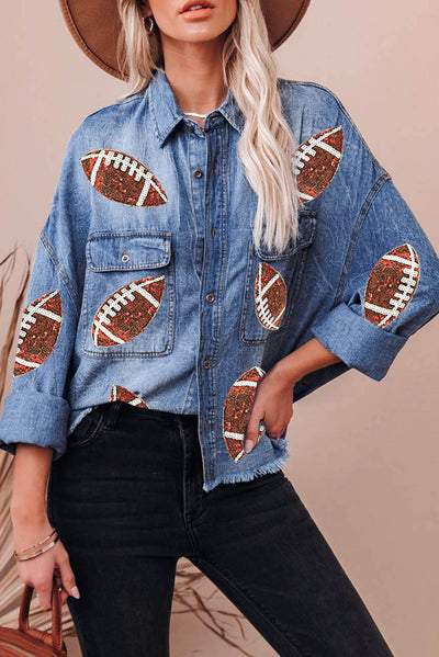 Explore More Collection - Raw Hem Sequin Football Long Sleeve Denim Jacket