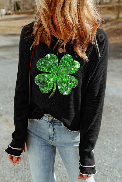 Explore More Collection - Sequin Lucky Clover Lettuce Trim Long Sleeve Top