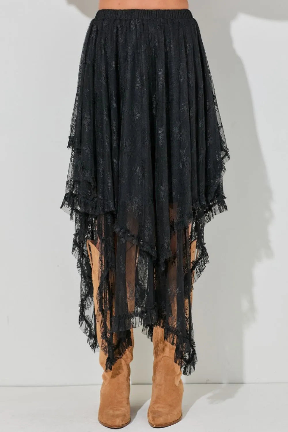 Explore More Collection - Elastic Waist Asymmetrical Lace Skirt