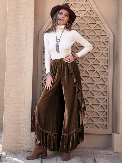 Explore More Collection - Ruffle Trim Wide Leg Slit Pants