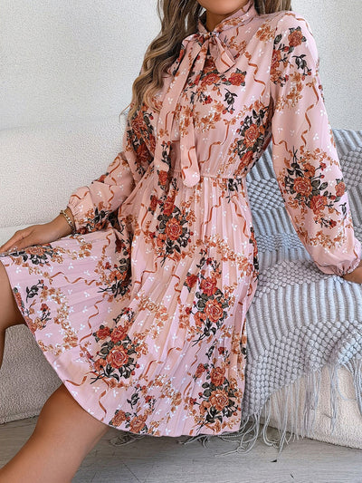 Explore More Collection - Pleated Printed Tie Neck Long Sleeve Dress