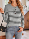 Explore More Collection - Quarter Button Striped Round Neck Long Sleeve T-Shirt