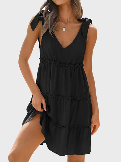 Explore More Collection - Frill V-Neck Tie Shoulder Mini Dress