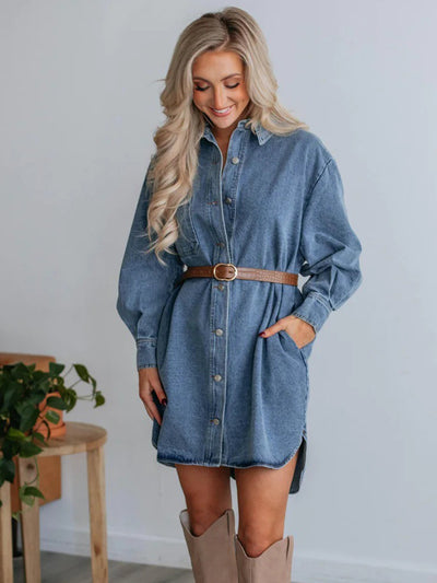 Explore More Collection - Button Up Collared Neck Long Sleeve Denim Dress