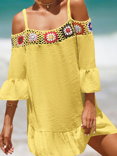 Explore More Collection - Crochet Cold Shoulder Three-Quarter Sleeve Cover Up