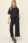 Explore More Collection - Double Take Full Size Texture Round Neck Short Sleeve T-Shirt and Wide Leg Pants