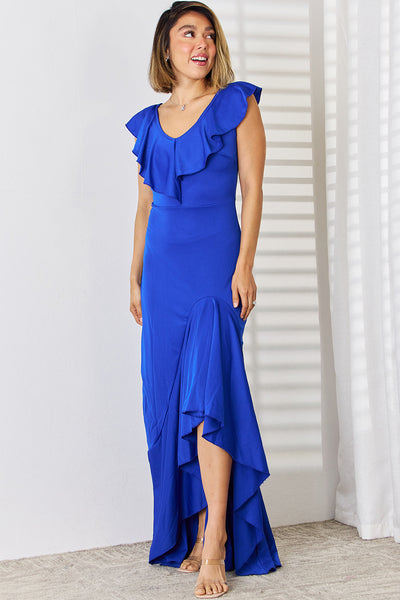 Explore More Collection - Ruffled V-Neck High-Low Dress